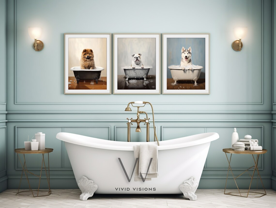 Set of 3 Dogs in Bathtubs Colorful Funny Dog Bathroom Poster - Image 3