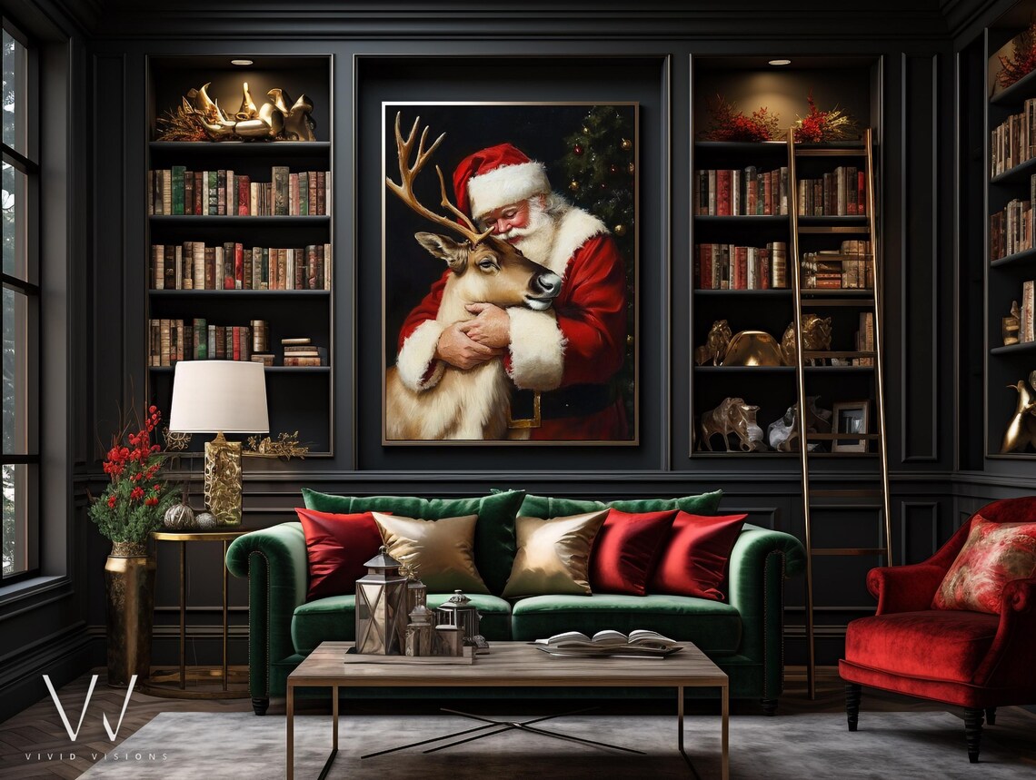 Santa Claus Hugging Reindeer Tender Christmas Eve Holiday Art Poster - Image 3