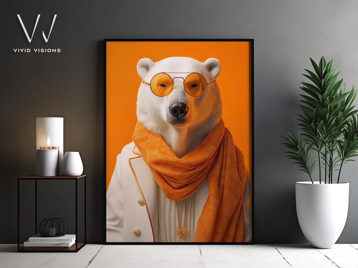 Polar Bear in White Suit Orange Scarf Sunglasses Bold Animal Poster