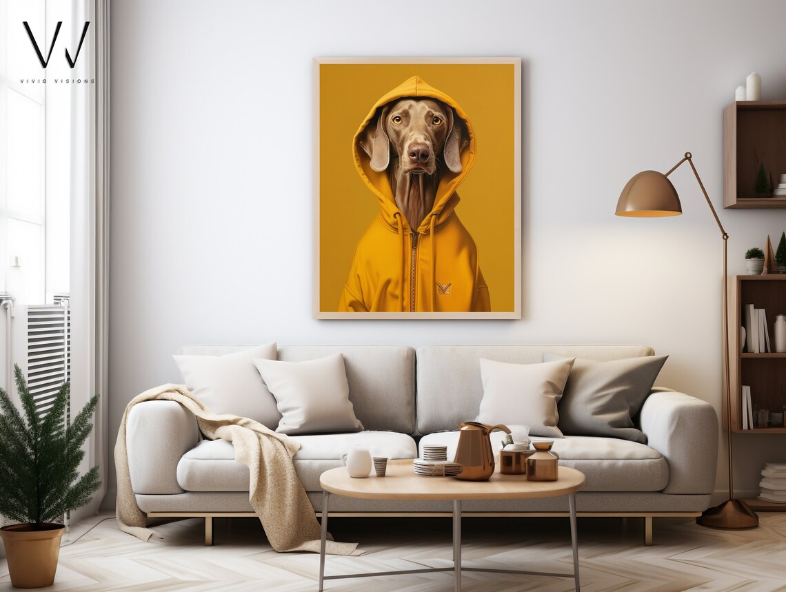 Weimaraner Dog in Yellow Hoodie Cozy Golden Pet Portrait Poster - Image 4