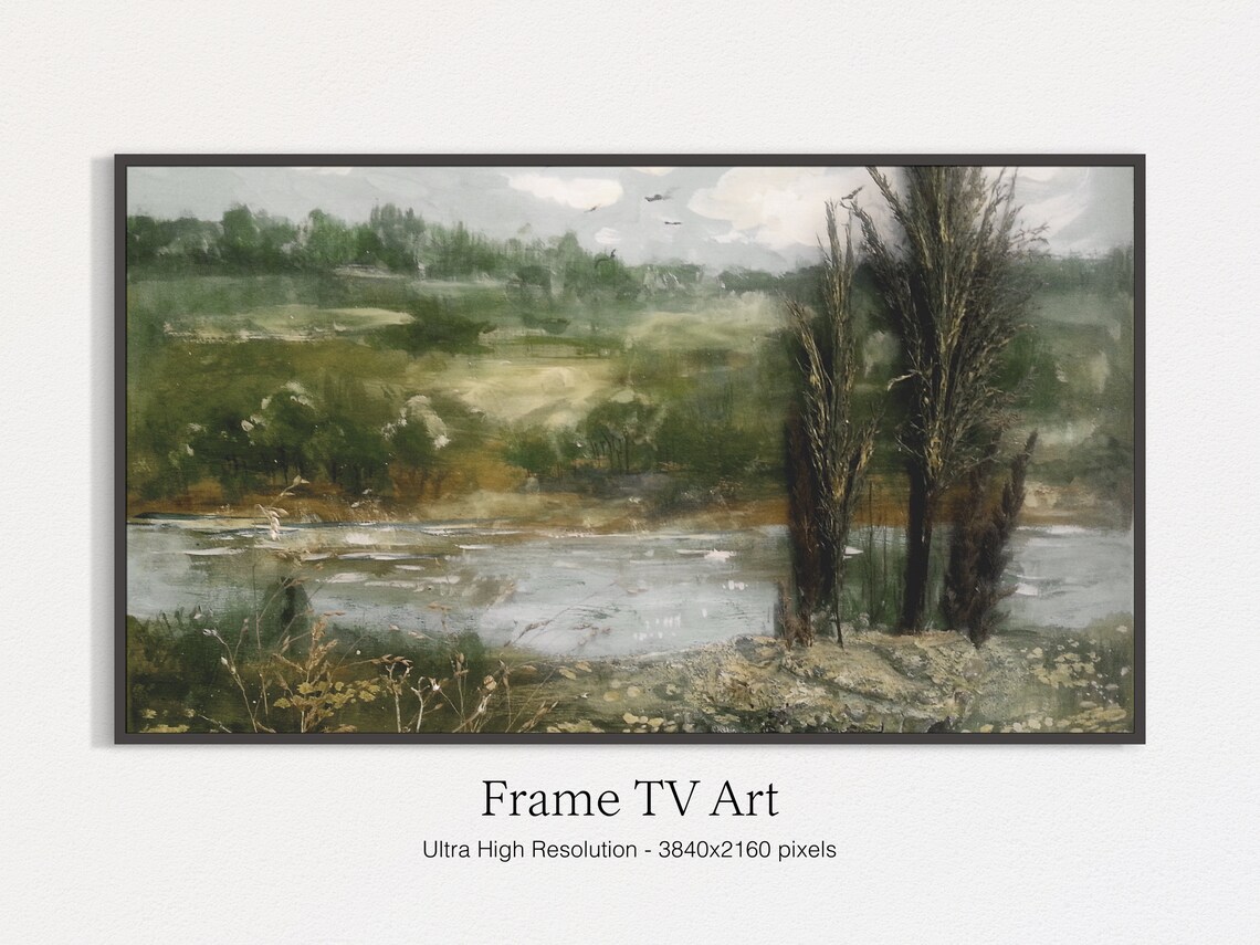 Vintage Misty Pond Landscape Painting Peaceful Waterside Nature Poster