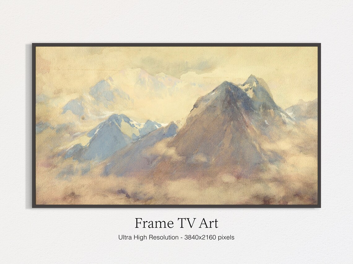 Misty Mountain Peaks Watercolor Painting Soft Alpine Landscape Poster