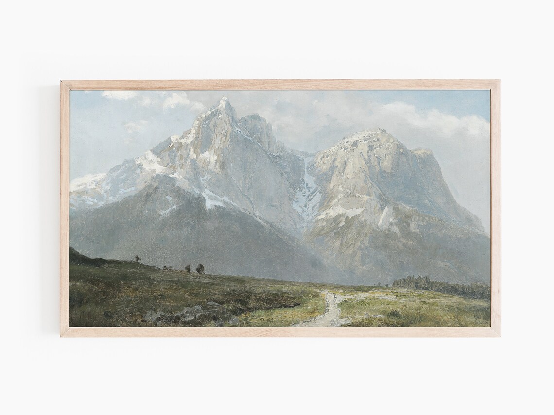 Snowy Alpine Mountain Peak Oil Painting Meadow Path Landscape Poster - Image 2