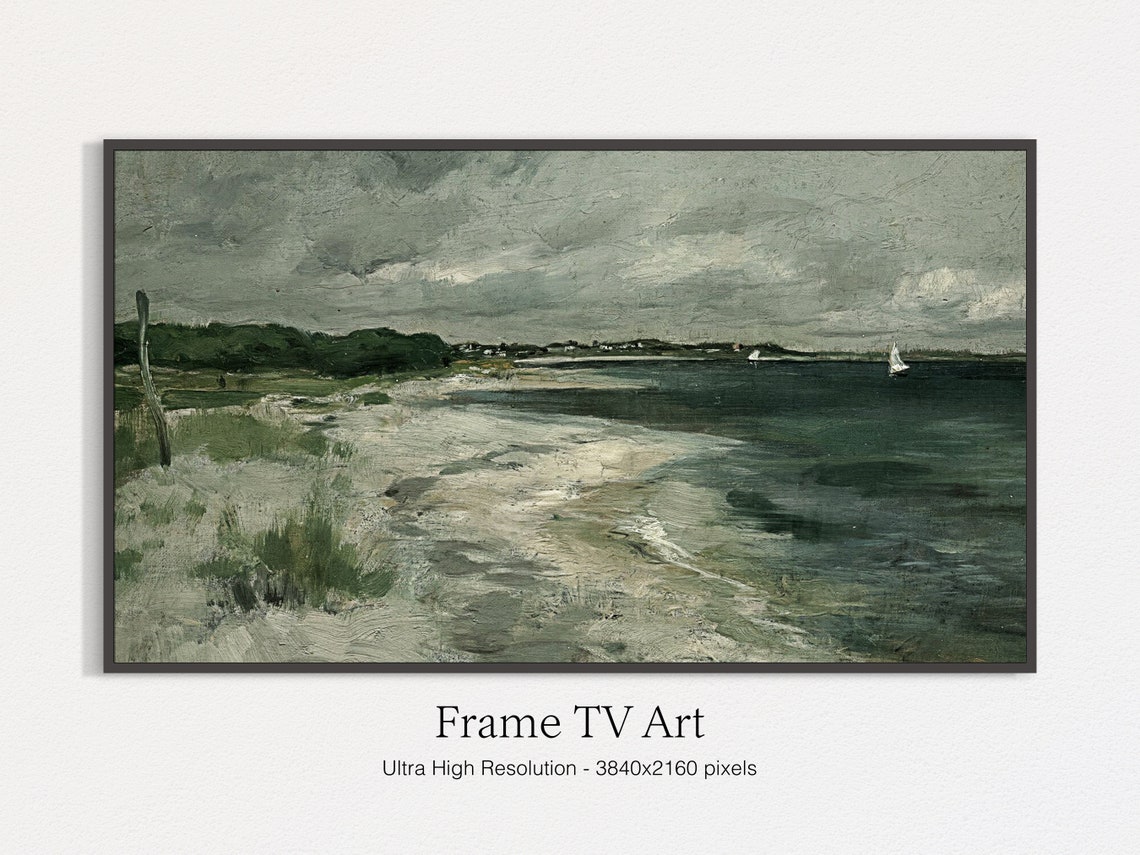 Moody Vintage Seascape Painting Sailboat Cloudy Coast Wall Art
