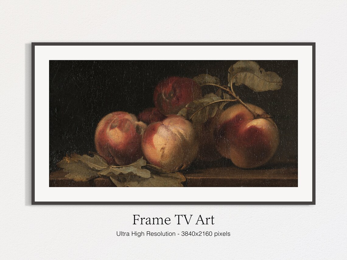 Ripe Peaches Still Life Dark Background Classic Oil Painting Art Print - Image 4