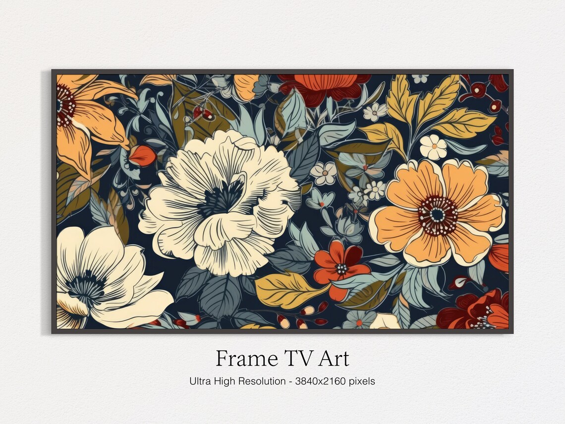 Bold Floral Pattern Orange Cream Flowers On Navy Background Art Print