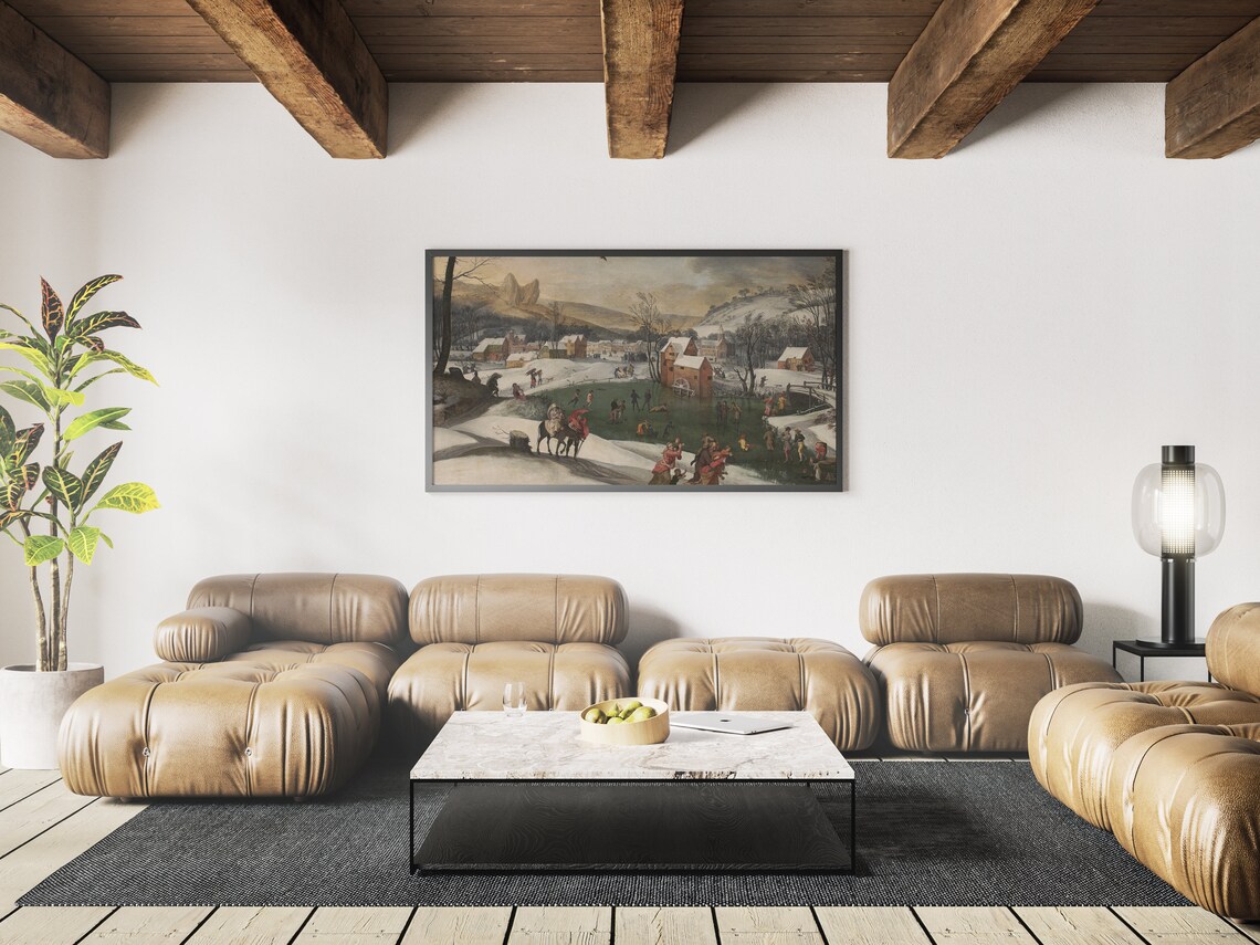 Flemish Village Winter Pond Ice Skaters Antique Oil Painting Wall Art - Image 3