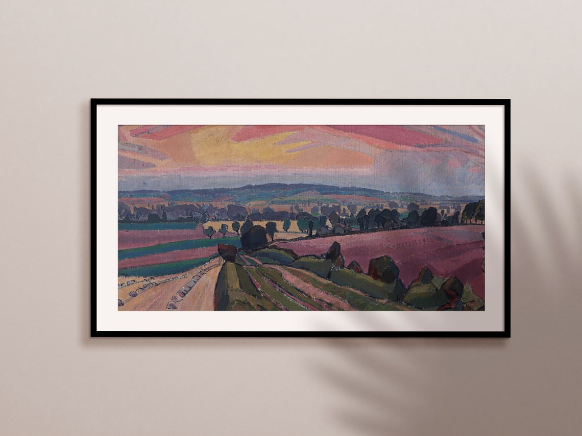 Expressionist Countryside Sunset Painting Pink Fields Landscape Art - Image 2