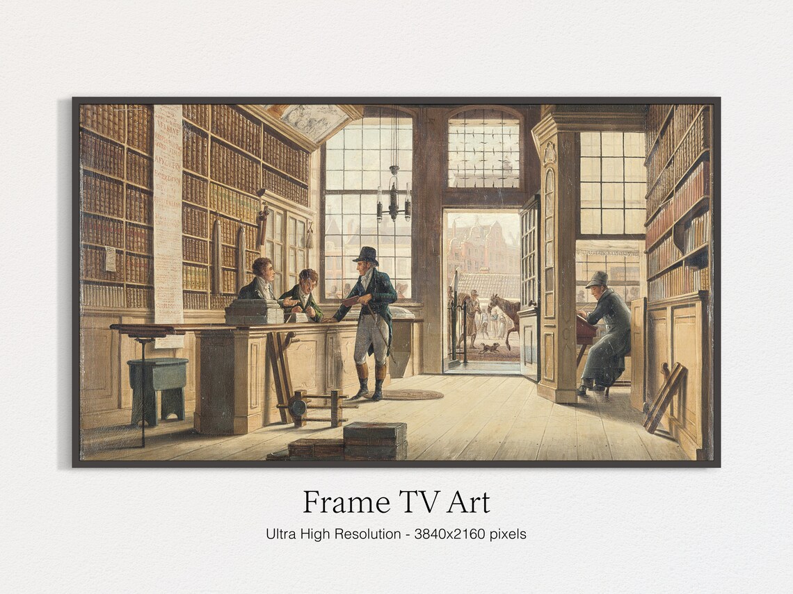 Vintage Bookstore Interior Classic Oil Painting Library Scene Wall Art