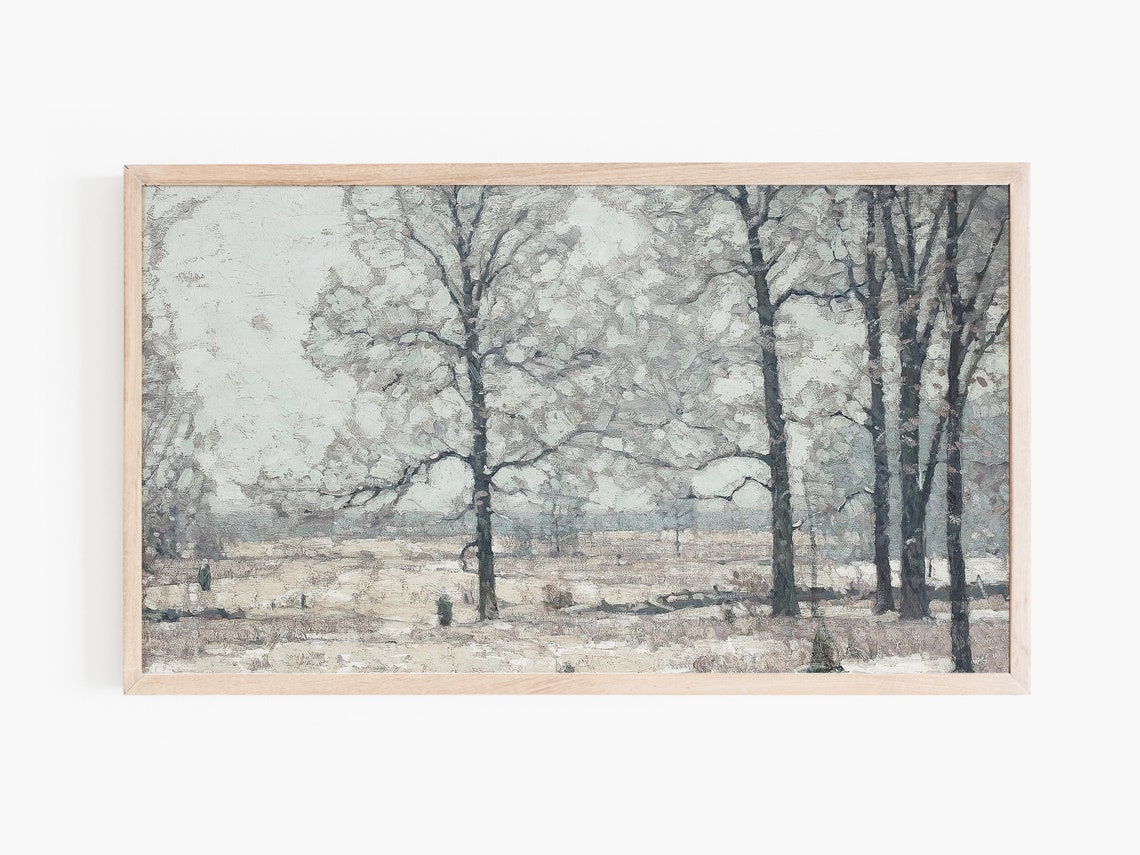 Quiet Winter Frost Trees Muted Silver Neutral Painting Poster - Image 2