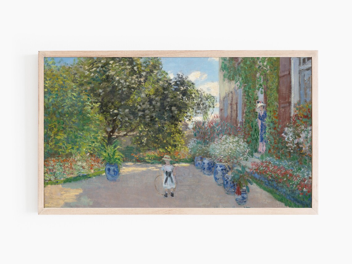 Sunlit Flower Garden Child With Hoop Blue Pots Cottage Scene Art Print - Image 2