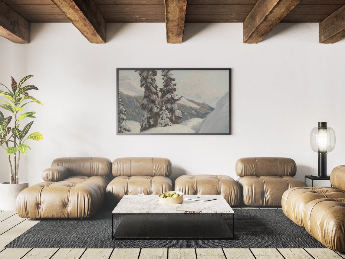 Snowy Alpine Mountains and Pines Winter Vintage Oil Painting Poster - Image 3