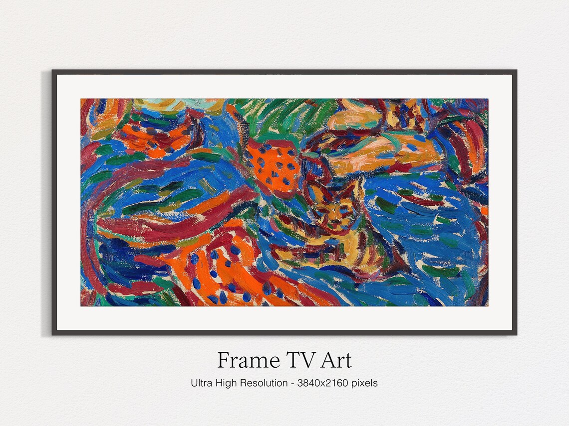 Fauvist Cat Painting Two Cats Blue Orange Swirls Wall Art Print - Image 4