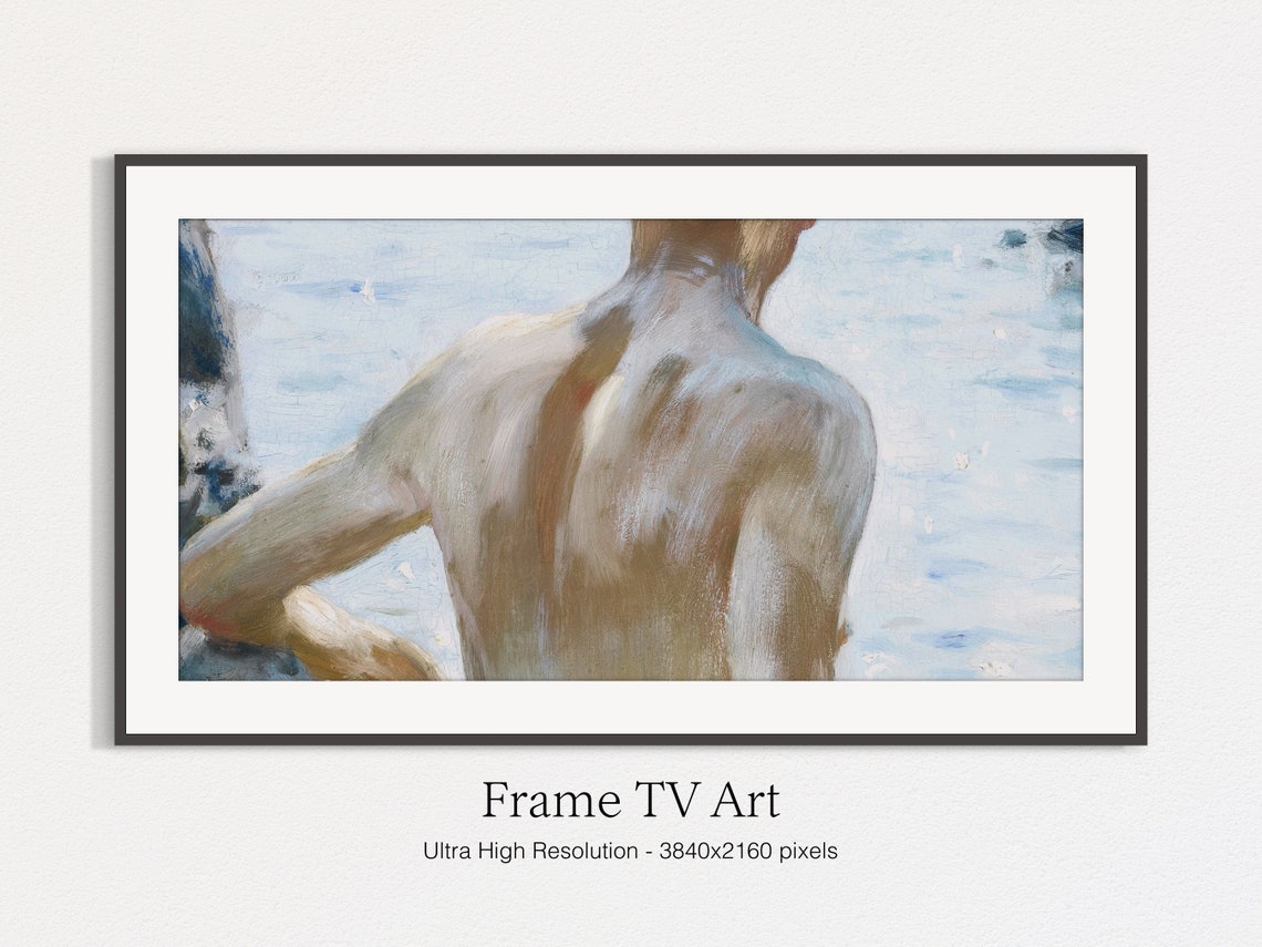 Young Swimmer In Sunlit Sea Back View Impressionist Beach Art Print - Image 4