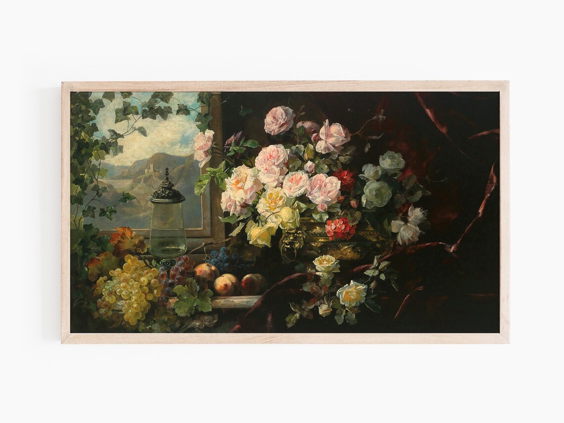 Opulent Roses Grapes Still Life Painting Vintage Floral Wall Art Print - Image 2