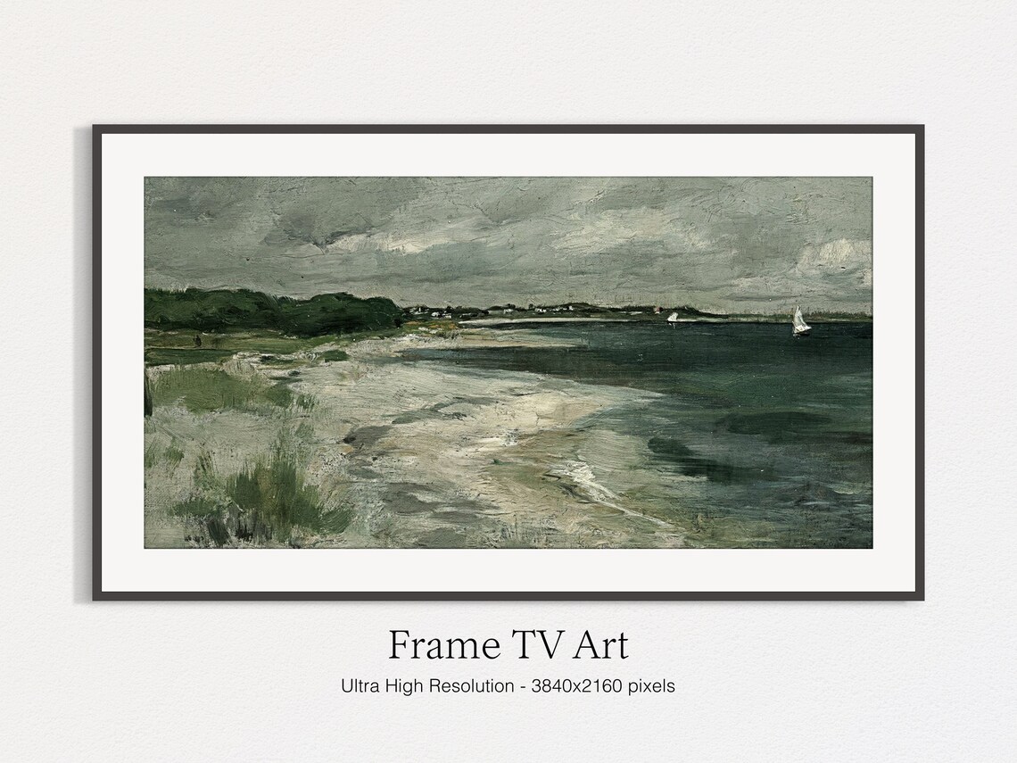 Moody Vintage Seascape Painting Sailboat Cloudy Coast Wall Art - Image 5