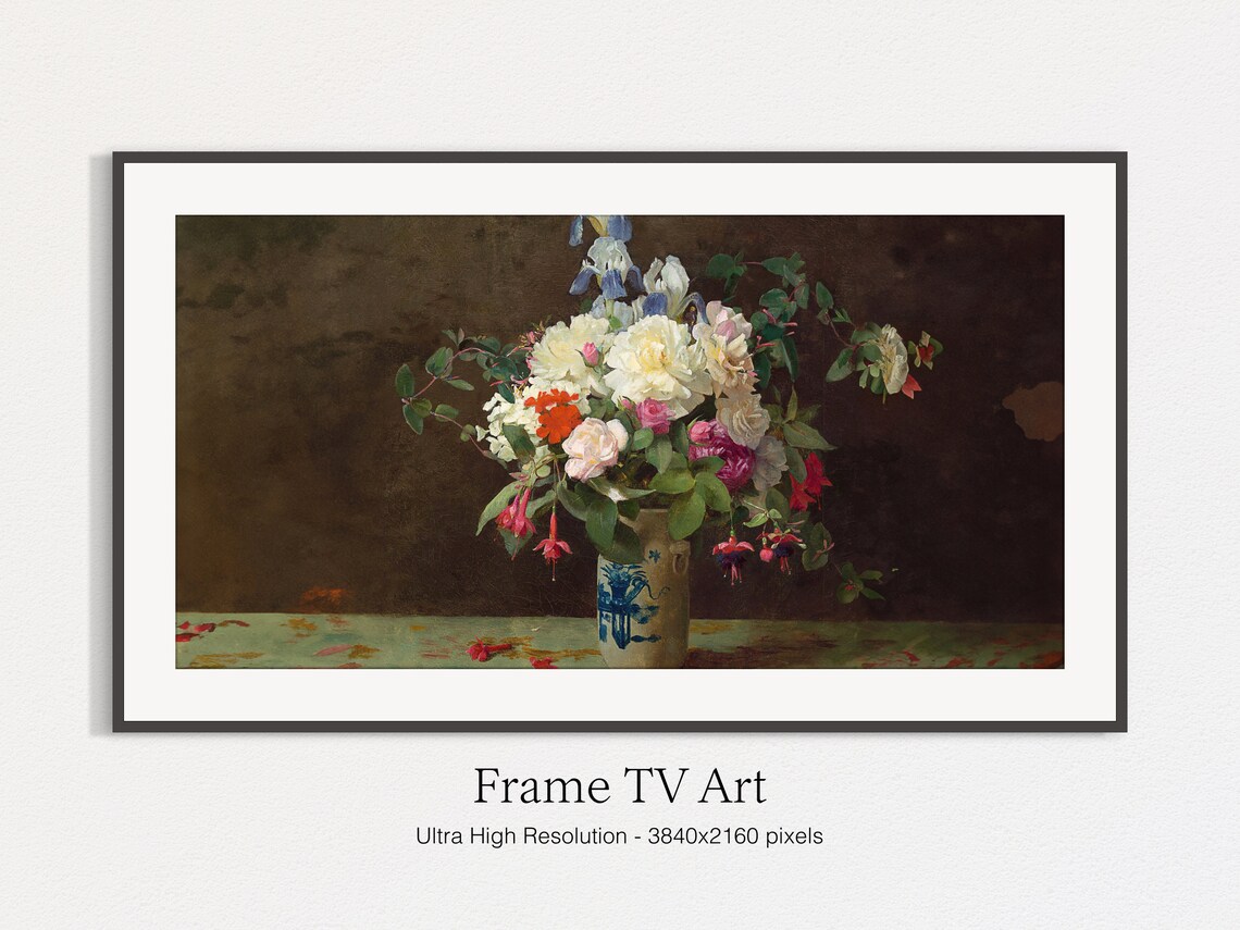 Vintage Flower Bouquet in Blue and White Vase Oil Painting Art Print - Image 5