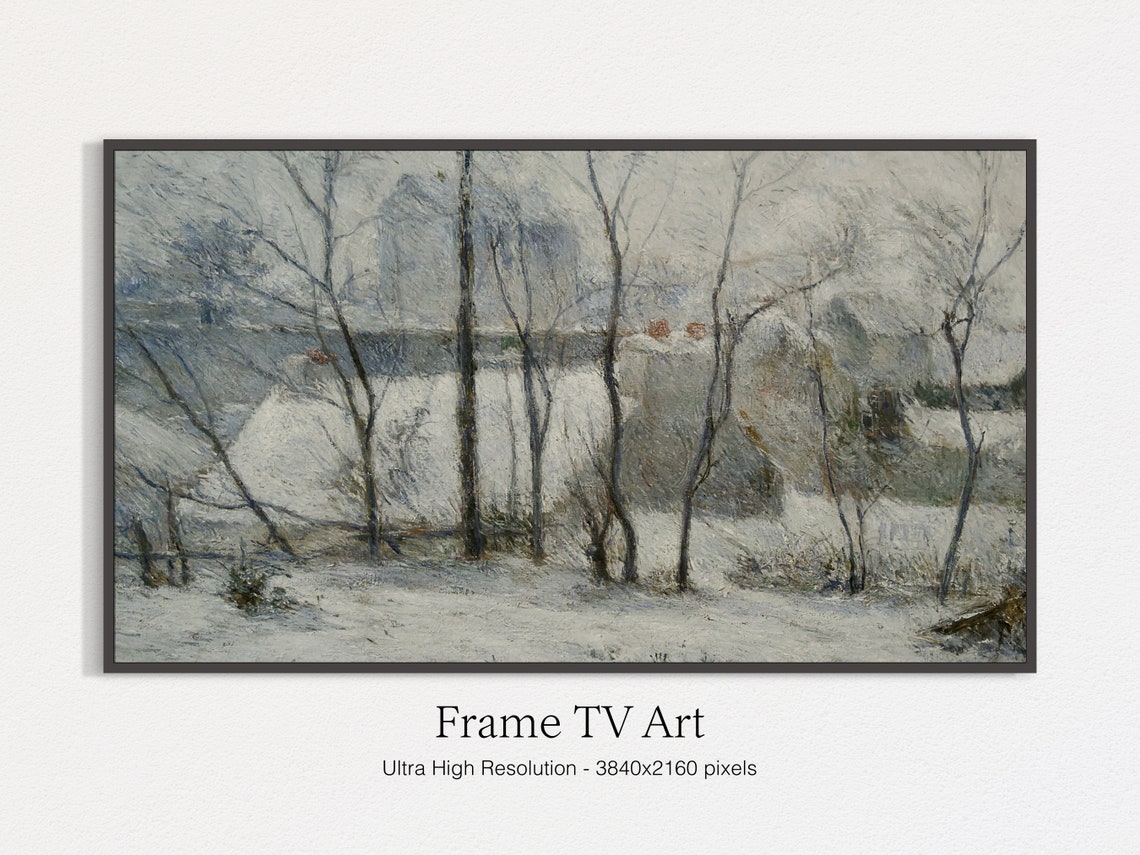Impressionist Snowy Village Bare Trees Grey Winter Landscape Print