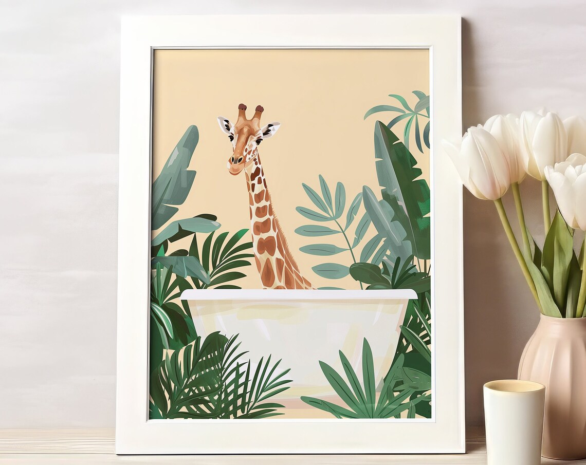 Giraffe In Bathtub Jungle Safari Maximalist Animal Decor Wall Art