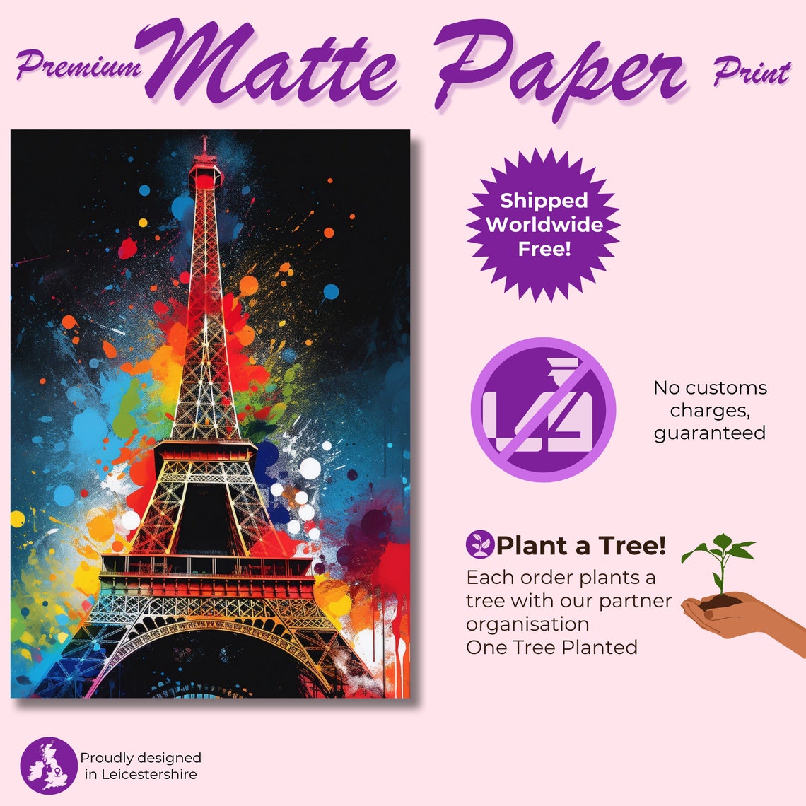 Eiffel Tower Black Background Rainbow Splash Colourful Pop Art Poster - Image 3