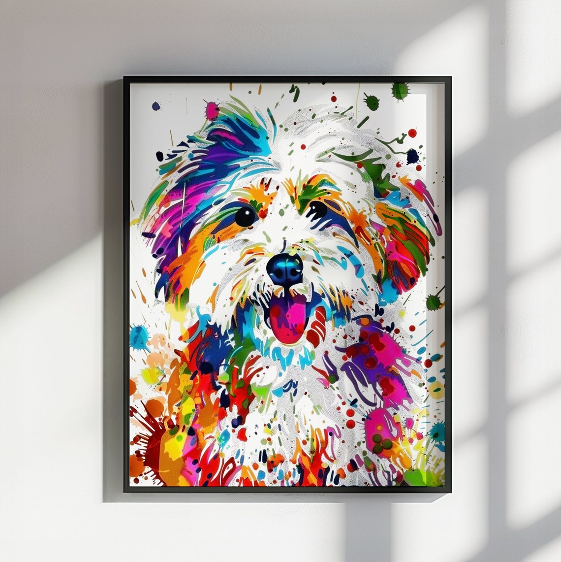 White Fluffy Dog Rainbow Splash Happy Watercolor Pet Art Poster