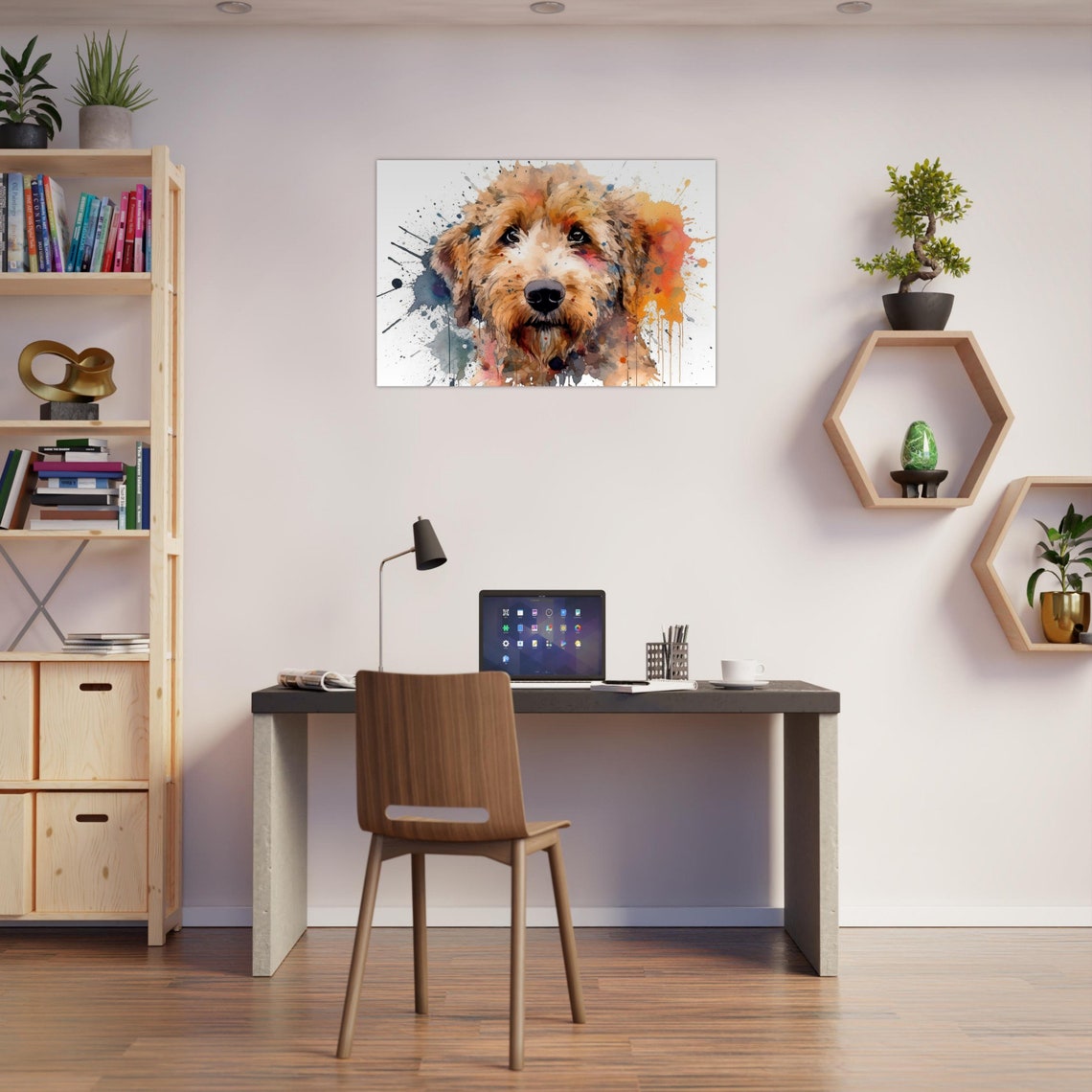 Golden Apricot Doodle Portrait With Orange Blue Paint Drip Art Poster - Image 3