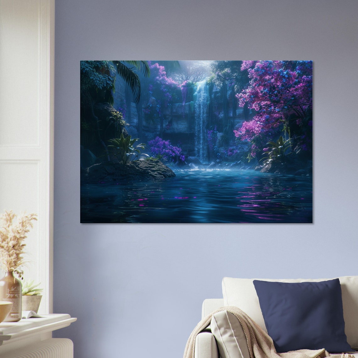 Fairytale Forest Waterfall Purple Blossom Enchanted Nature Art Poster - Image 3
