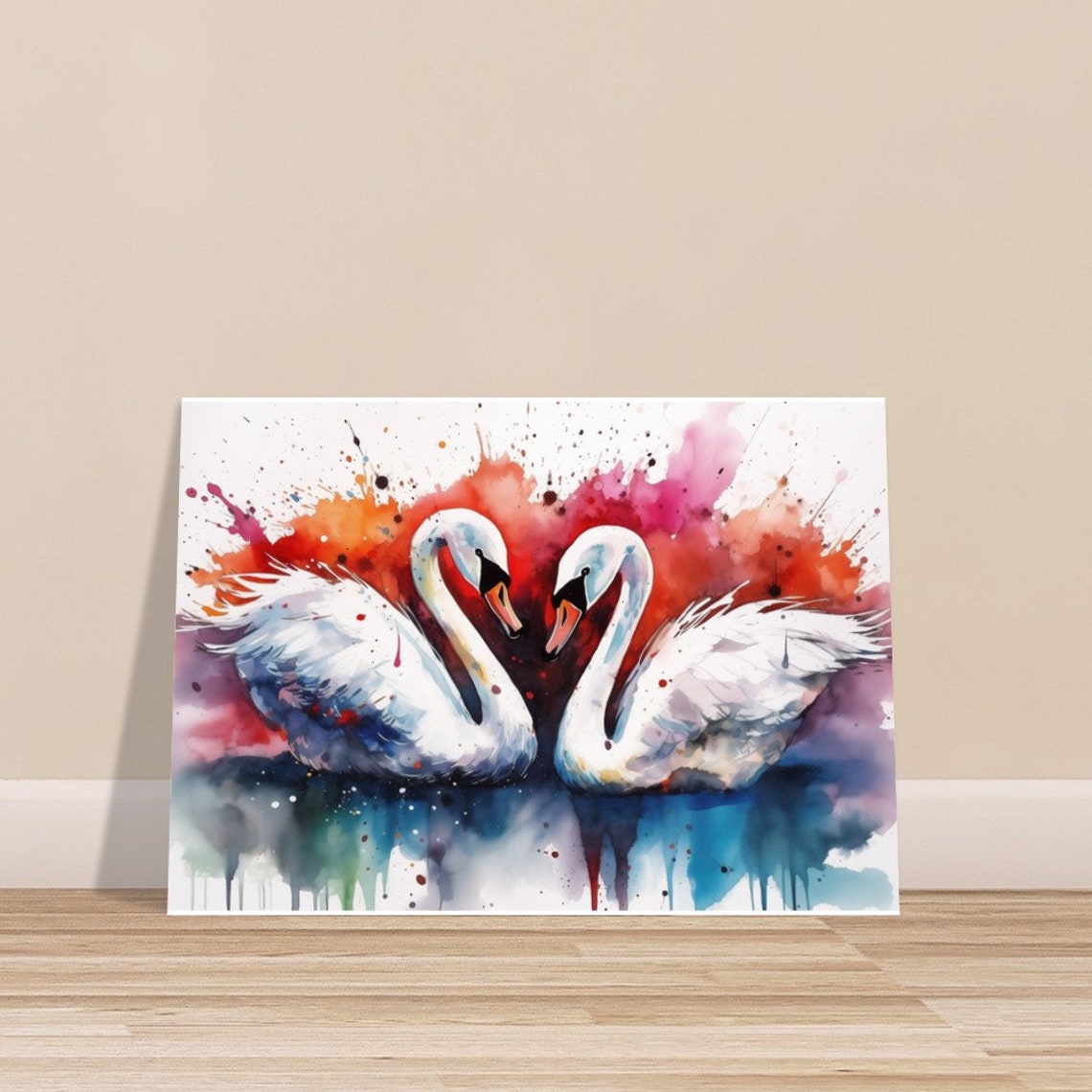 Two White Swans Watercolor Heart Necks Romantic Love Birds Poster - Image 3