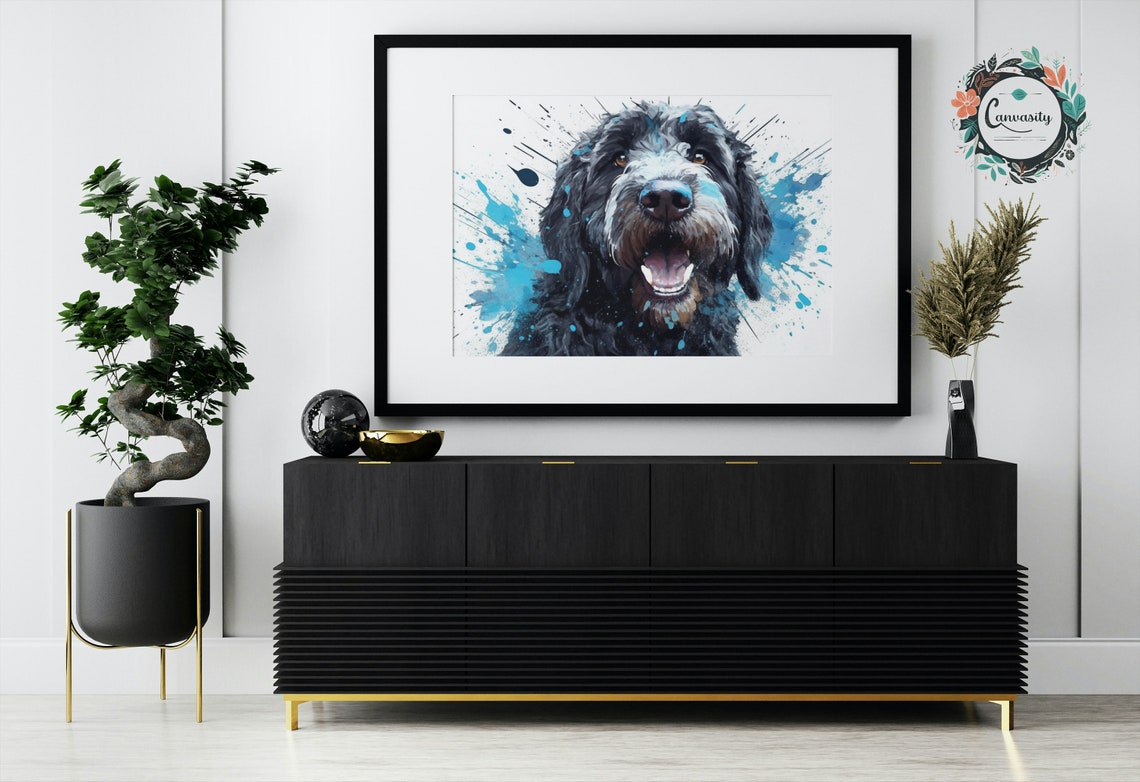Joyful Black Doodle Dog Portrait With Bright Blue Paint Splash Poster - Image 3