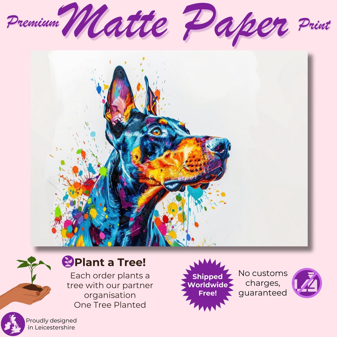 Dobermann Side Profile Watercolour Portrait Paint Splatter Poster - Image 3