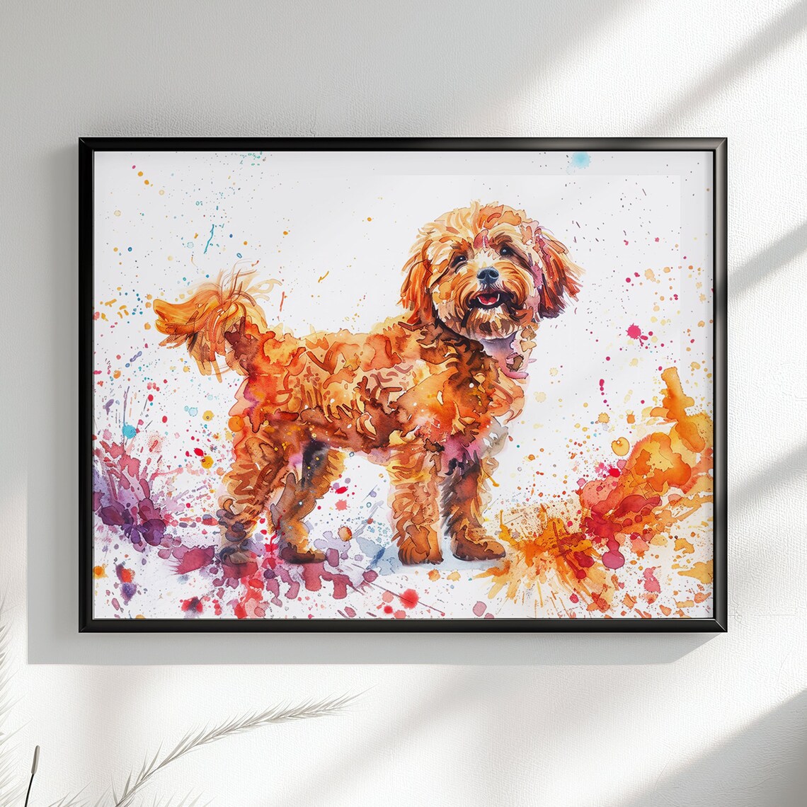 Cute Cockapoo Poster Print Colourful Watercolour Happy Doodle Dog Painting Splatter Paint Splash Art Cream Cavapoo Wall Decor Gift