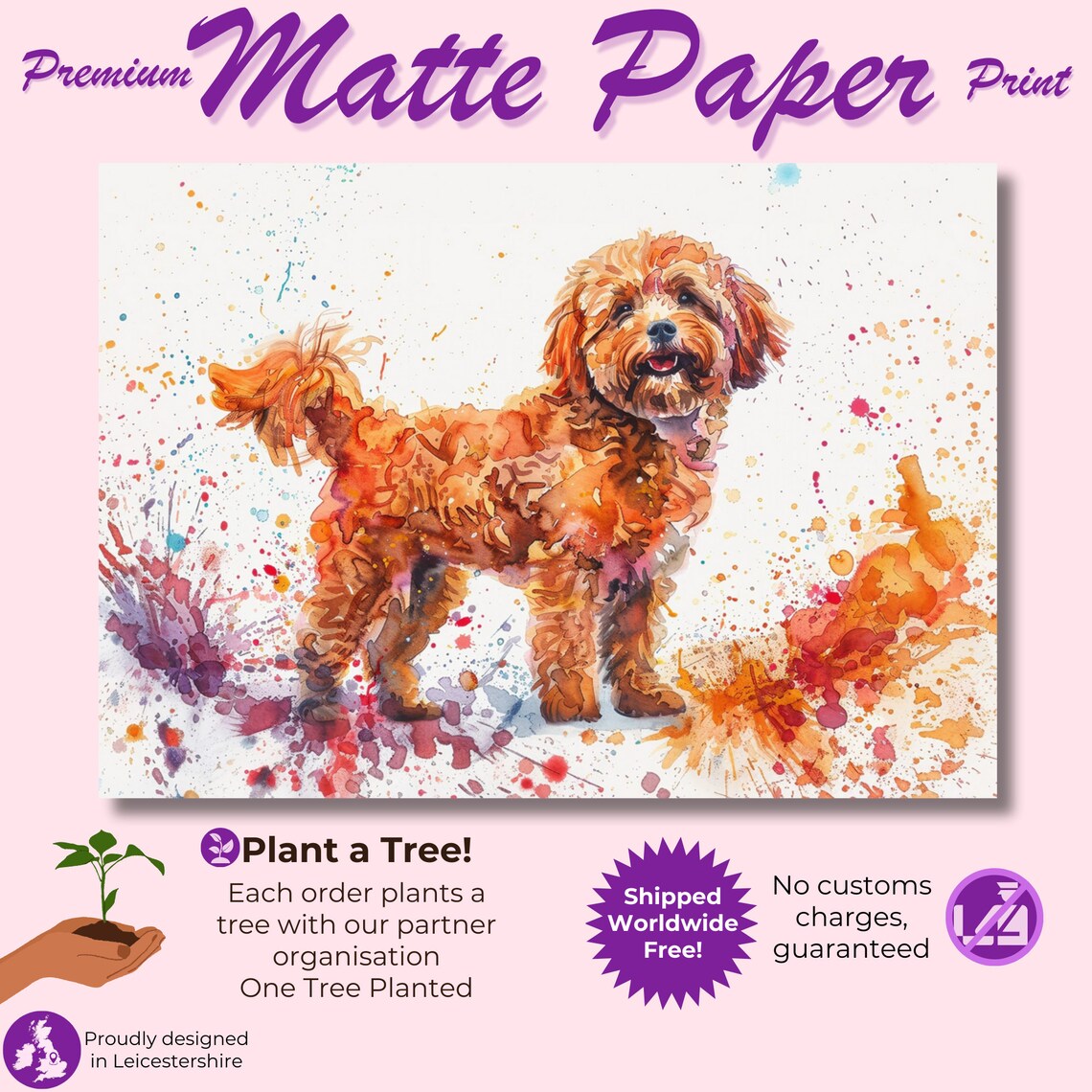 Cute Cockapoo Poster Print Colourful Watercolour Happy Doodle Dog Painting Splatter Paint Splash Art Cream Cavapoo Wall Decor Gift - Image 3
