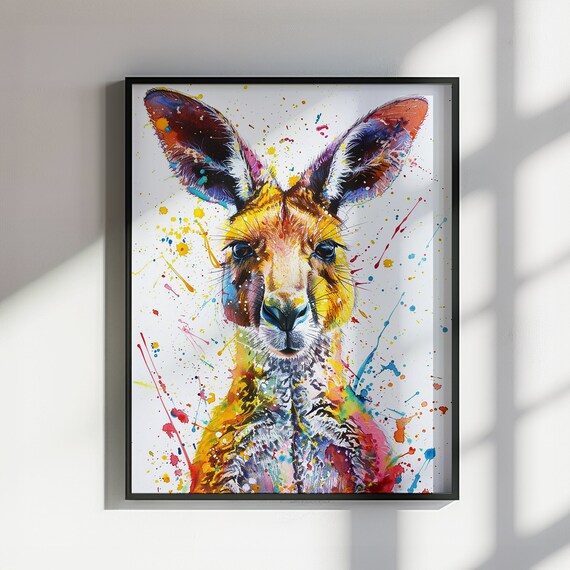 Colorful Kangaroo Front Portrait Watercolor Splash Art Poster