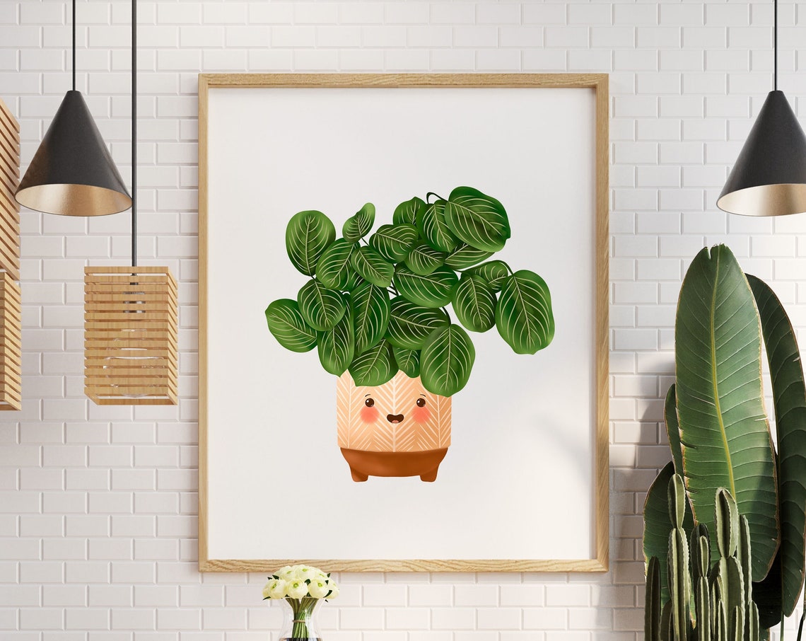 Cute Lemon Lime Prayer Plant in a Smiling Pot Illustration Poster