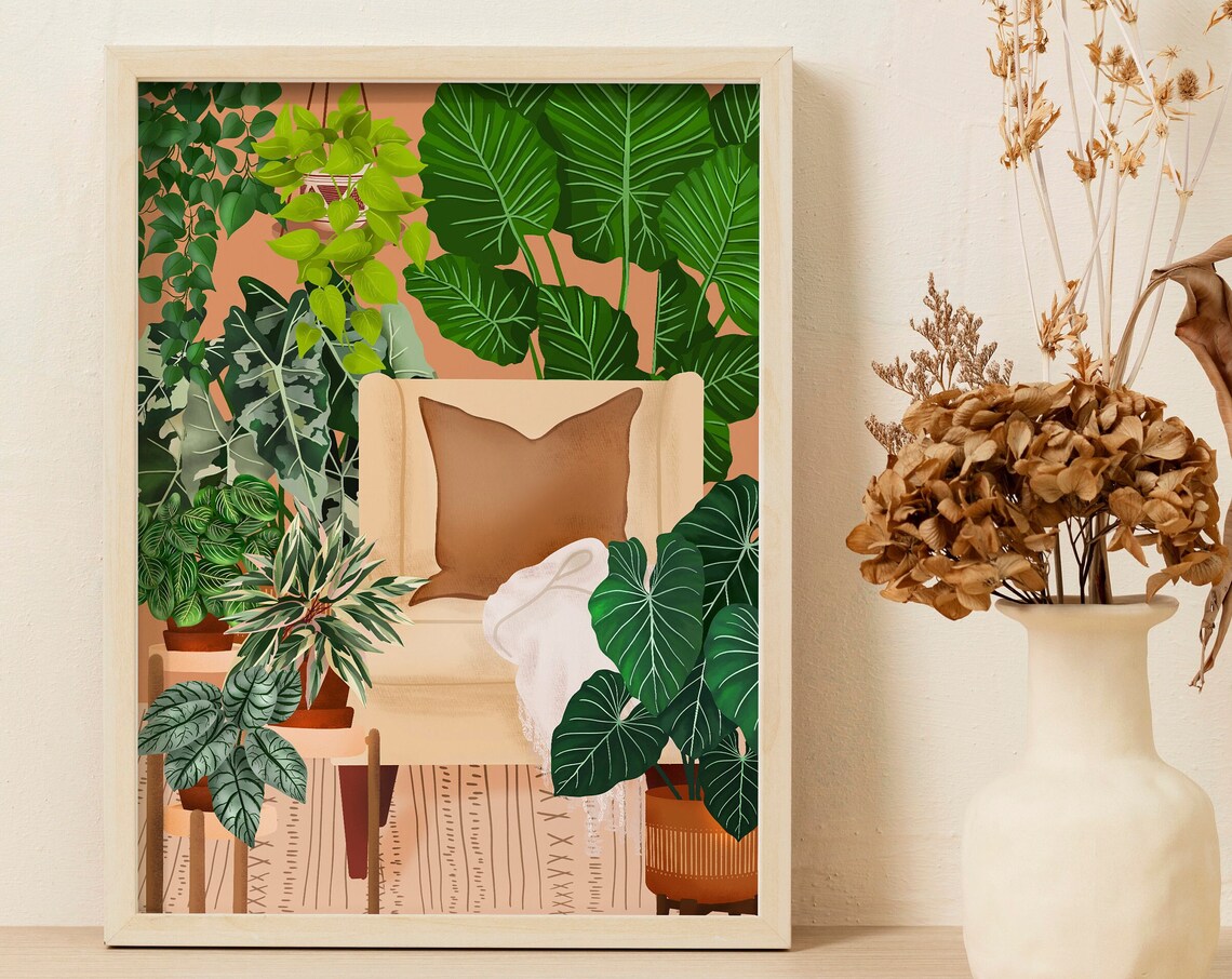 Cozy Armchair with a Brown Cushion Among Giant Tropical Leaves Poster
