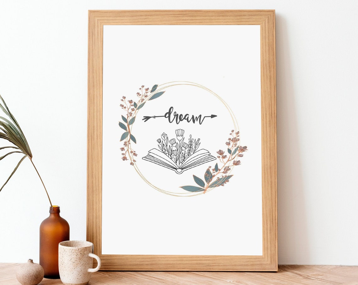 Inspirational Dream Floral Wreath Open Book Botanical Art Print