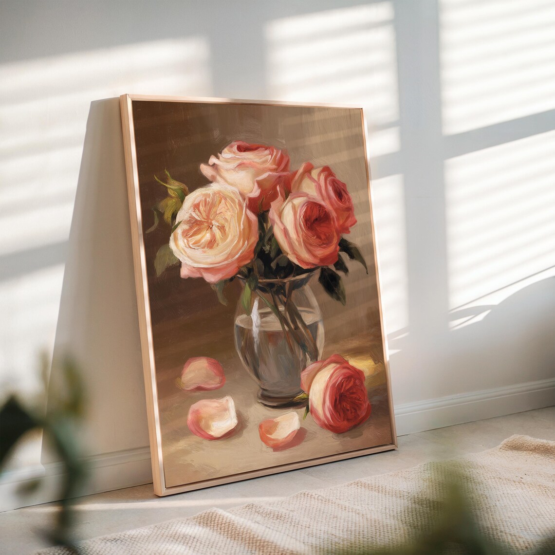 Coral Pink Roses Glass Vase Sunlit Oil Painting Warm Floral Poster