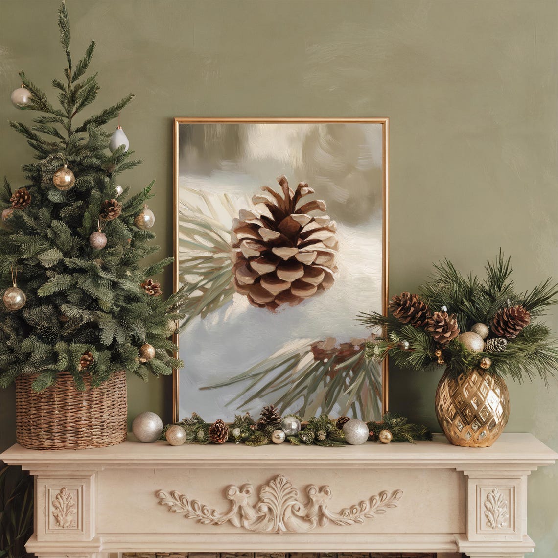Winter Pinecone and Pine Branch Botanical Pair Painting Poster - Image 2