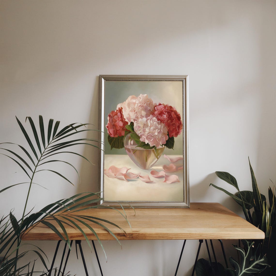 Pink Hydrangeas in Heart Shaped Glass Vase Floral Oil Painting Poster - Image 3