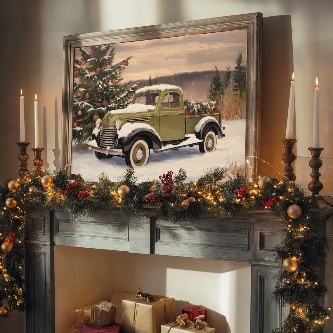 Vintage Christmas Truck Print Christmas Truck With Christmas Tree Wall Art Winter Holiday Wall Decor Vintage Christmas Art Festive Decor - Image 2