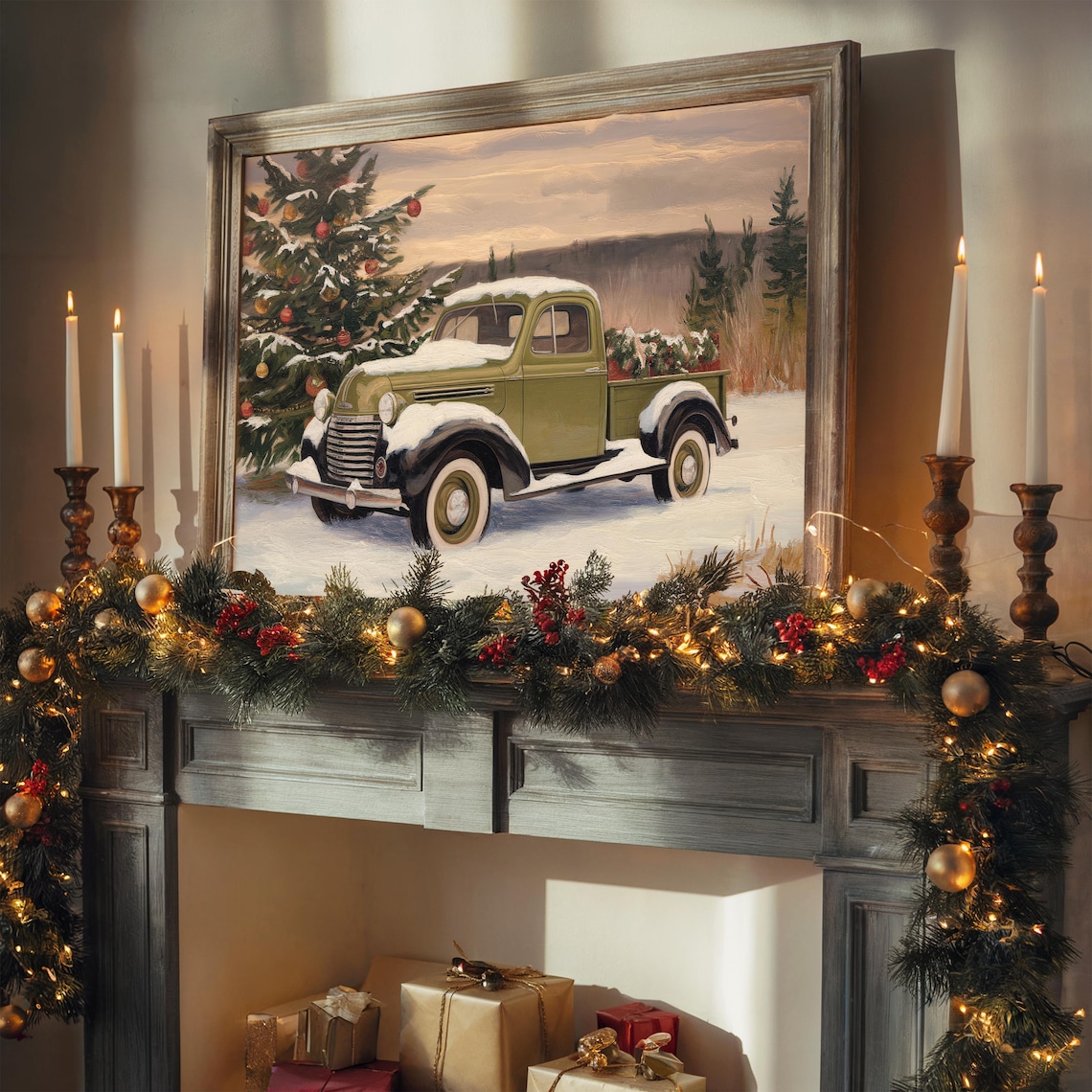 Vintage Green Pickup Truck in Snow With Christmas Tree Poster - Image 2