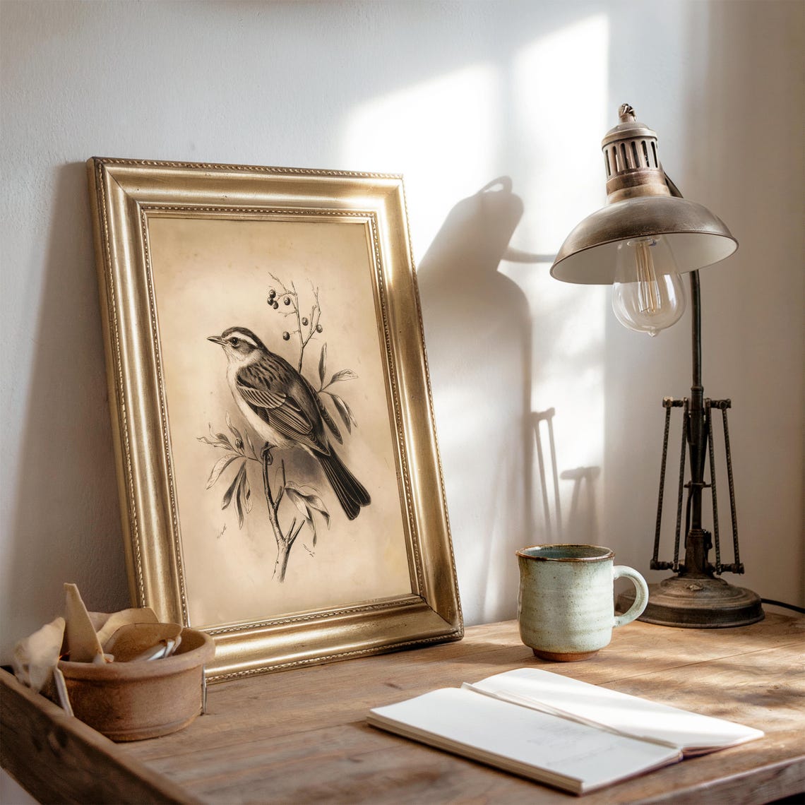Vintage Songbird Branch Sketch Antique Sepia Bird Illustration Poster - Image 4