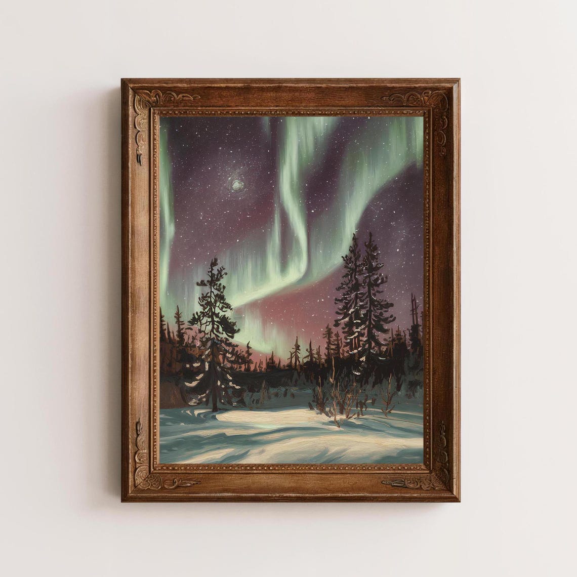 Northern Lights Snowy Forest Night Sky Aurora Winter Scene Poster