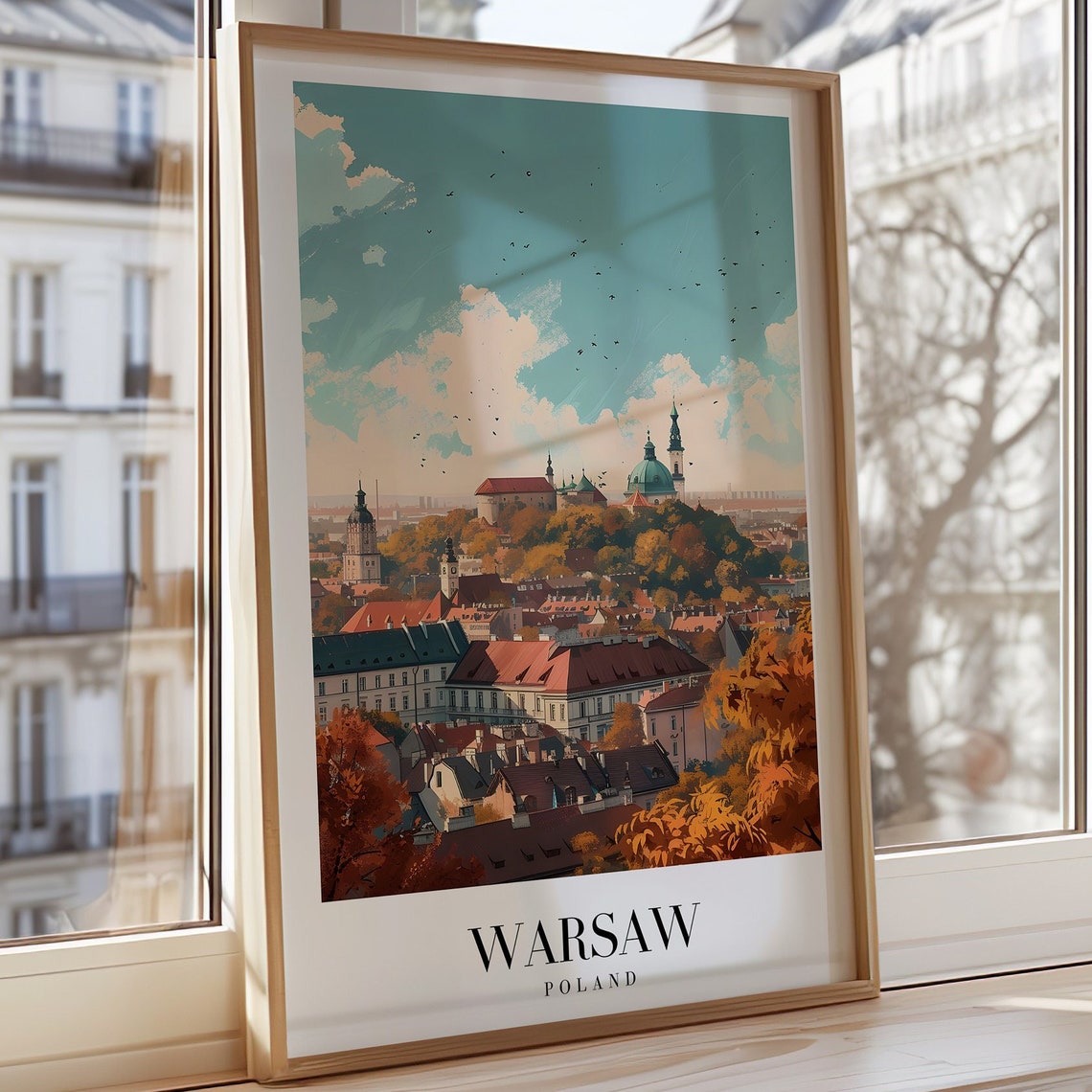 Warsaw Poland Autumn Old Town Castle Hill Illustrated Art Poster