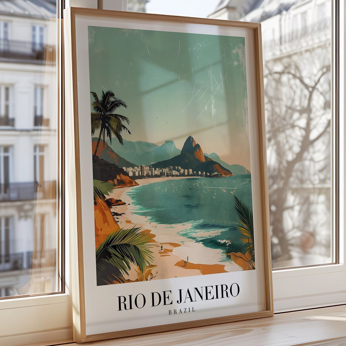 Rio De Janeiro Brazil Illustrated Beach Palms Mountains Poster