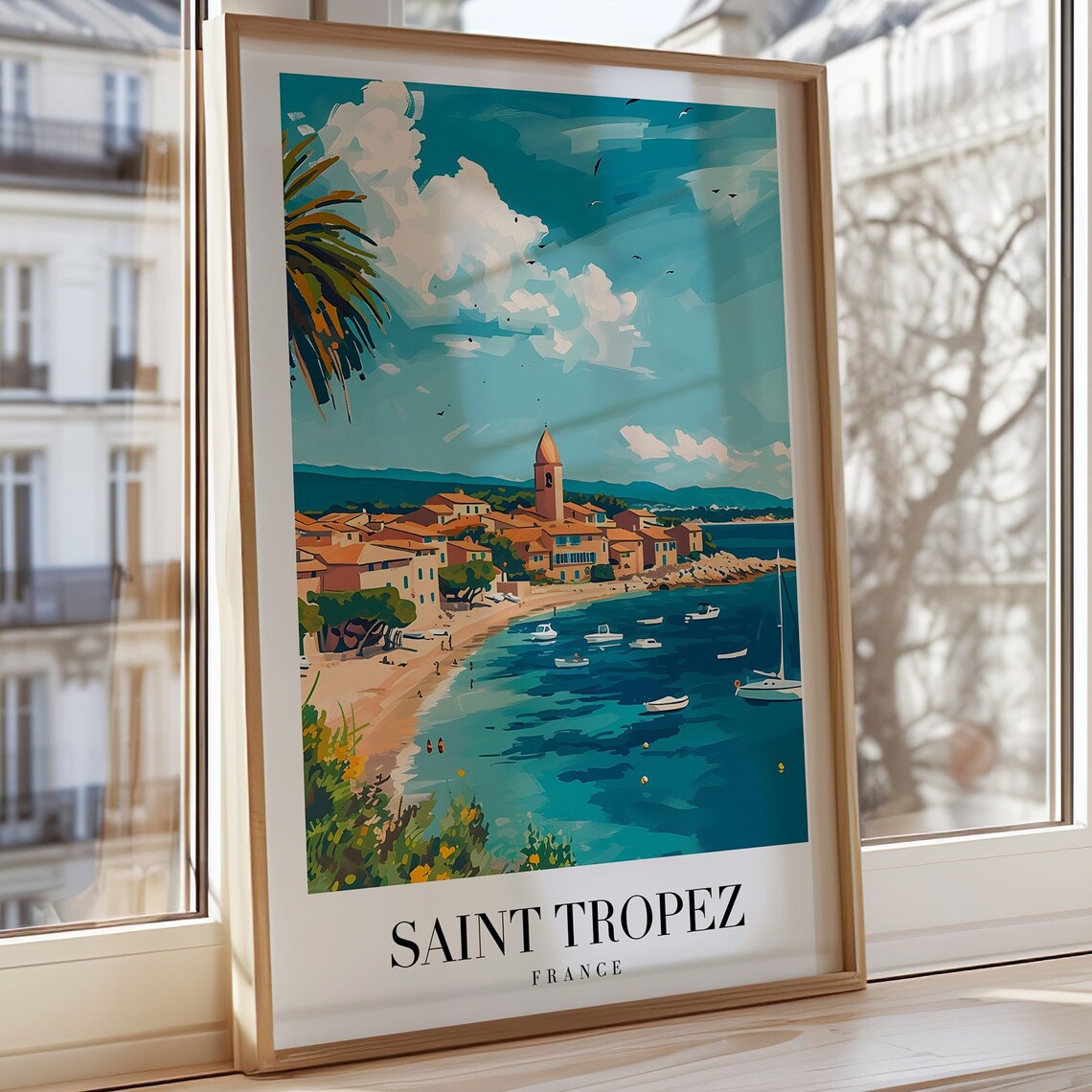 Saint Tropez France Beach with Boats Vintage Riviera Travel Poster