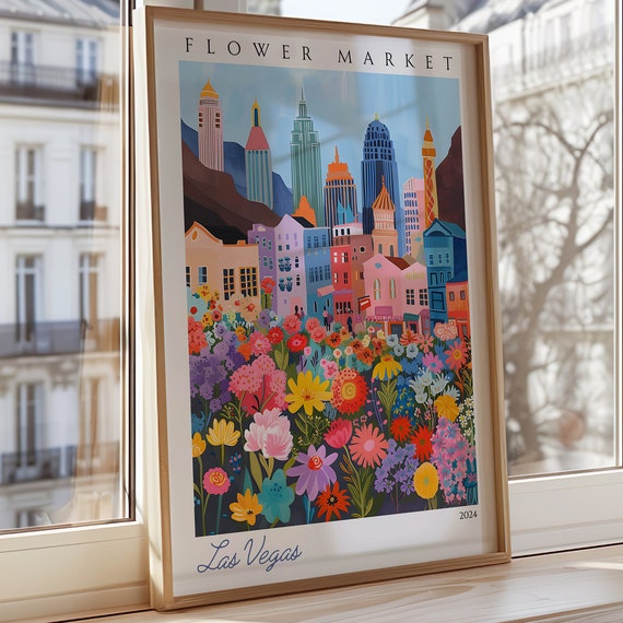 Las Vegas Flower Market Poster Vibrant Skyline Wall Art City Print Urban Decor Colorful