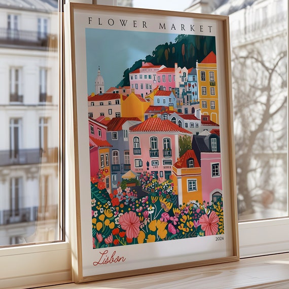 Lisbon Flower Market Poster Colorful Wall Art Portugal Print Cityscape Decor City Travel