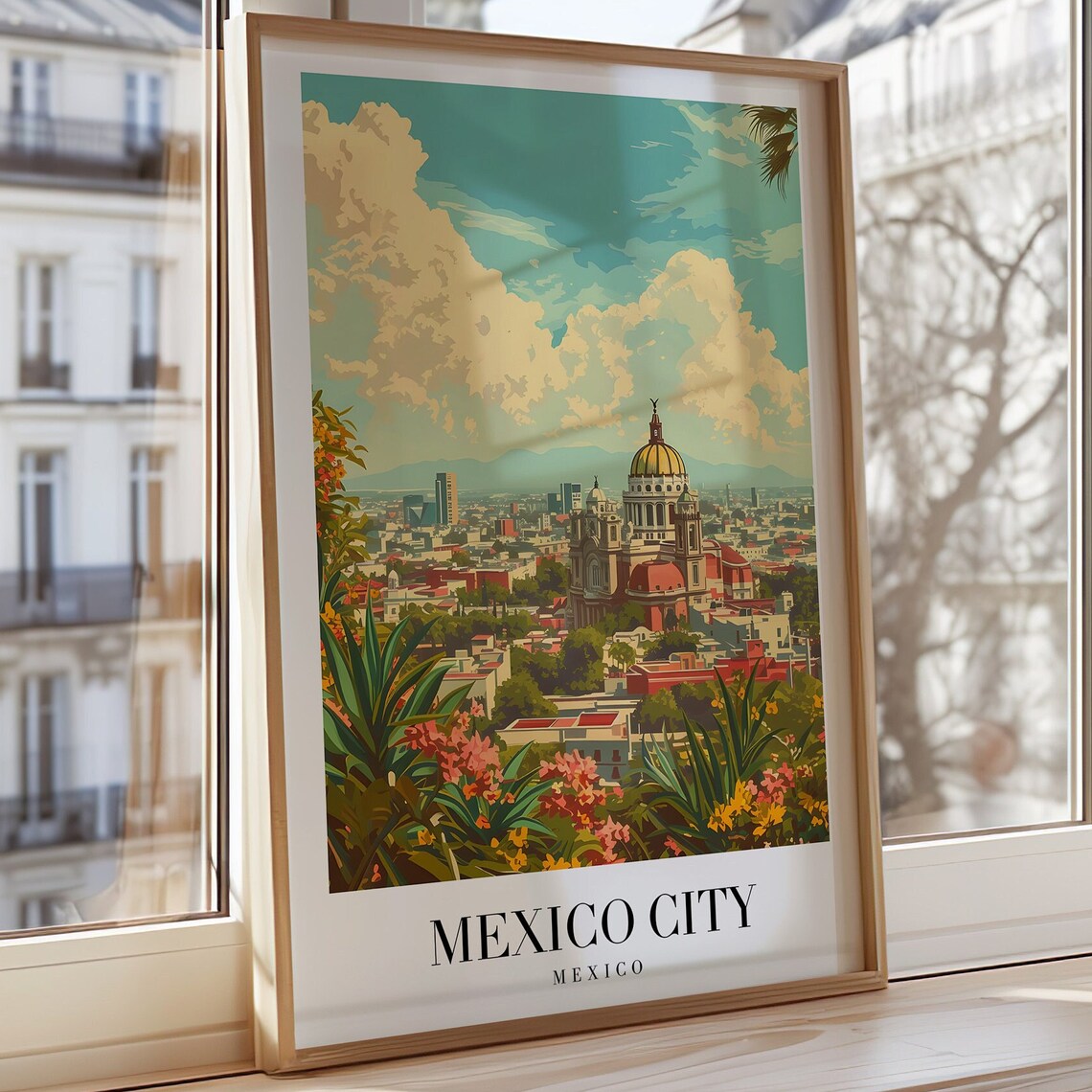 Mexico City Illustrated Skyline Cathedral Dome Tropical Art Poster