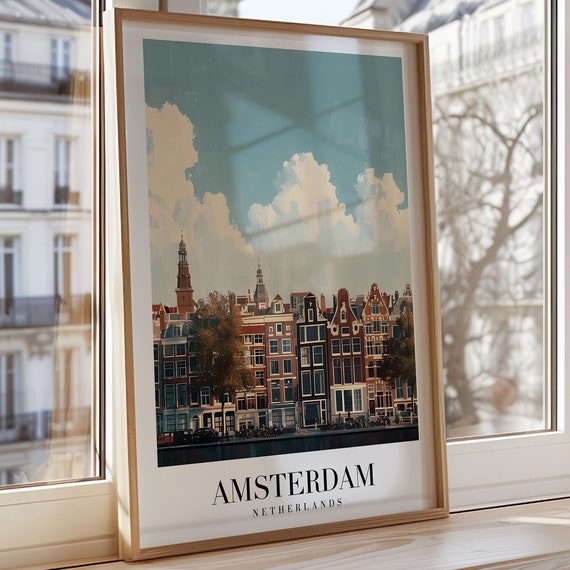 Amsterdam Netherlands Travel Poster Scenic City Canal Print Dutch Architecture Wall Art Illustration